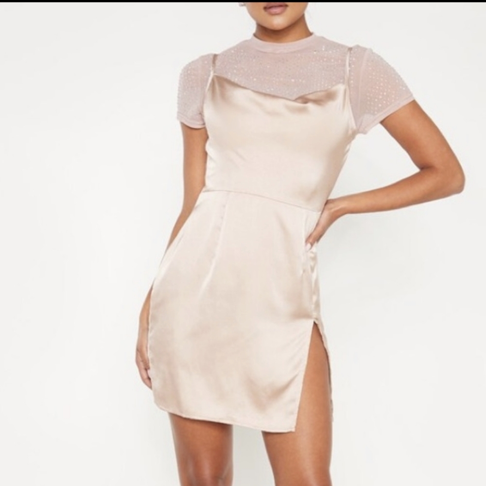 Rose Satin Cowl Mesh Diamante 2 in 1 Bodycon Dress